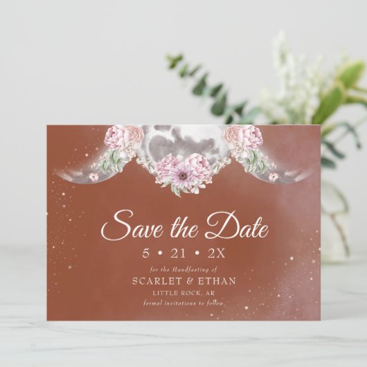 Triple Moon & Stars Boho Terracotta Handfasting Save The Date (Staand voorkant)