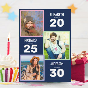 Triple Photo Blauw en Zilver Gezamenlijk Verjaarda Kaart