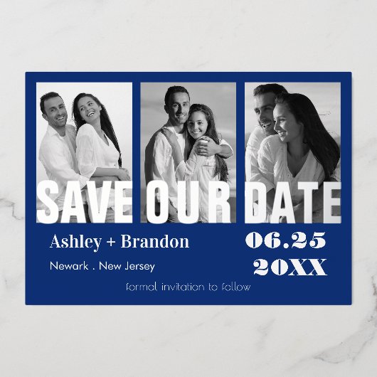 Triple Photo Blue, White, REAL Folie Uitnodiging (Voorkant)