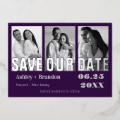 Triple Photo Paars, Grey REAL Folie Invitation Folie Uitnodiging (Voorkant)