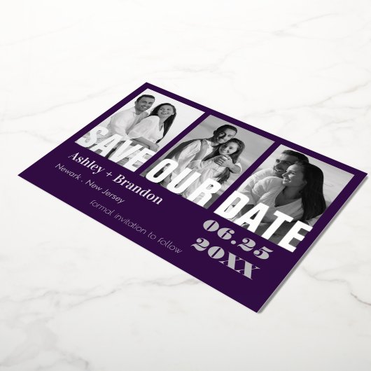 Triple Photo Paars, Grey REAL Folie Invitation Folie Uitnodiging (Gedraaid)