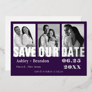 Triple Photo Paars, Grey REAL Folie Invitation Uitnodiging
