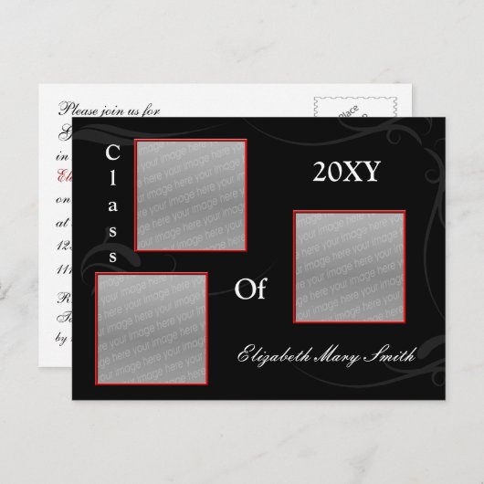 TRIPLE PHOTO rood Afstuderen Uitnodiging (Voorkant / Achterkant)