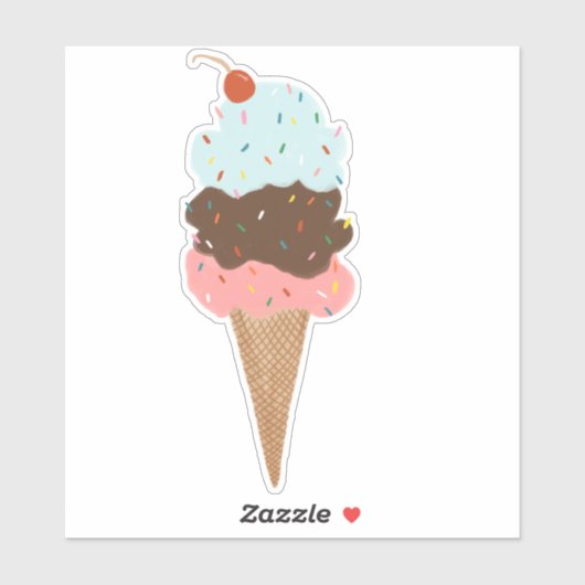 Triple Scoop Ice Cream Cone Cherry Illustration Sticker (Vel)
