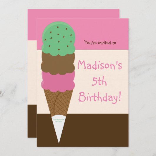 Triple Scoop Ice Cream verjaardagsfeestje uitnodig Kaart (Voorkant / Achterkant)