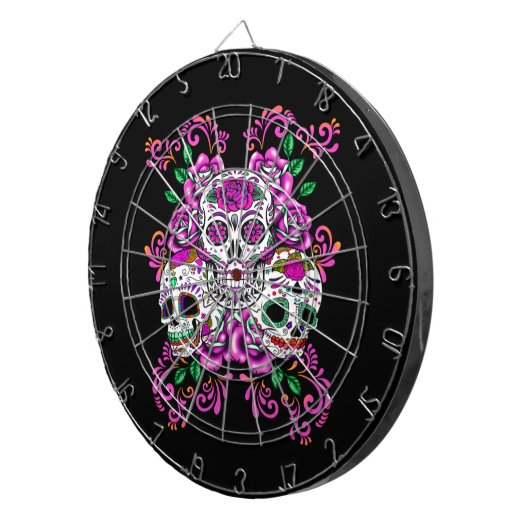 Triple Skull Pink Floral Sugar Skulls Dartbord (Voorkant Rechts)