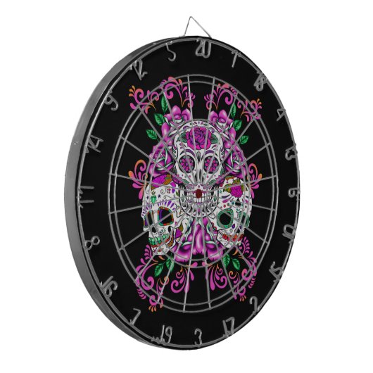 Triple Skull Pink Floral Sugar Skulls Dartbord (Voorkant Links)