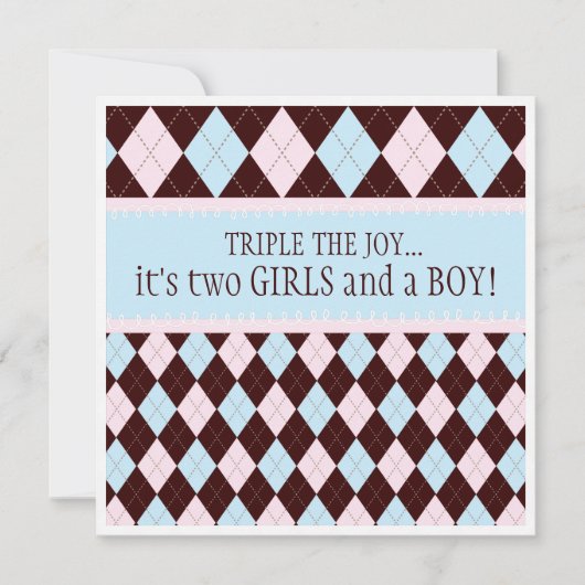 Triple the Joy Argyle Boy Girl Baby shower Kaart (Voorkant)