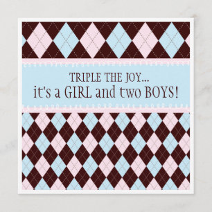Triple the Joy Argyle Boy Girl Baby shower Kaart