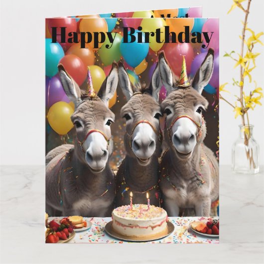 Triple the Joy: Donkey Triplets' Verjaardag Bash Kaart (Gele Bloem)