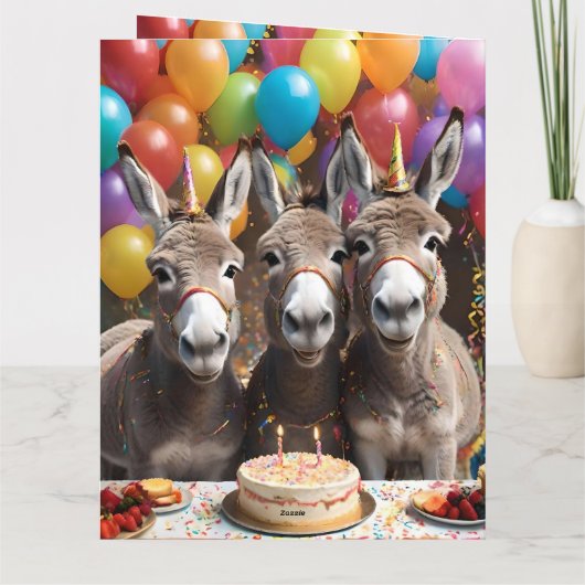 Triple the Joy: Donkey Triplets' Verjaardag Bash Kaart (Achterkant)