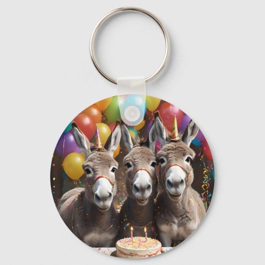 Triple the Joy: een ezel Triplets 'Verjaardag Bash Sleutelhanger (Achterkant)
