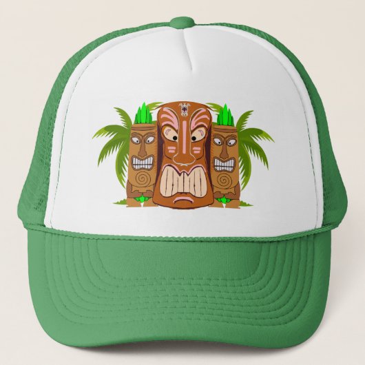 Triple Tiki Palm Tree Trucker Hat Trucker Pet (Voorkant)