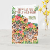 Triplet Baby feliciteert Cheetah Oerwoud Theme Kaart (Gele Bloem)