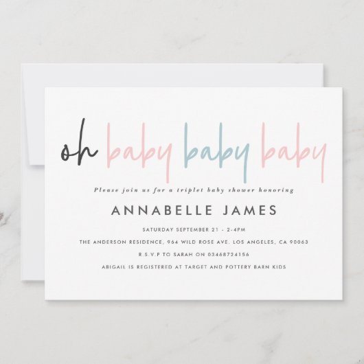 Triplet baby shower roze blauw moderne typografie  aankondiging (Voorkant)