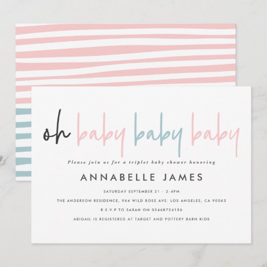 Triplet baby shower roze blauw moderne typografie  aankondiging (Voorkant / Achterkant)