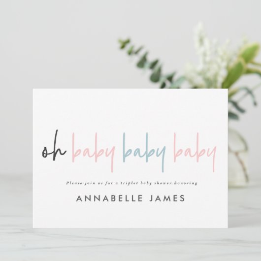 Triplet baby shower roze blauw moderne typografie kaart (Staand voorkant)