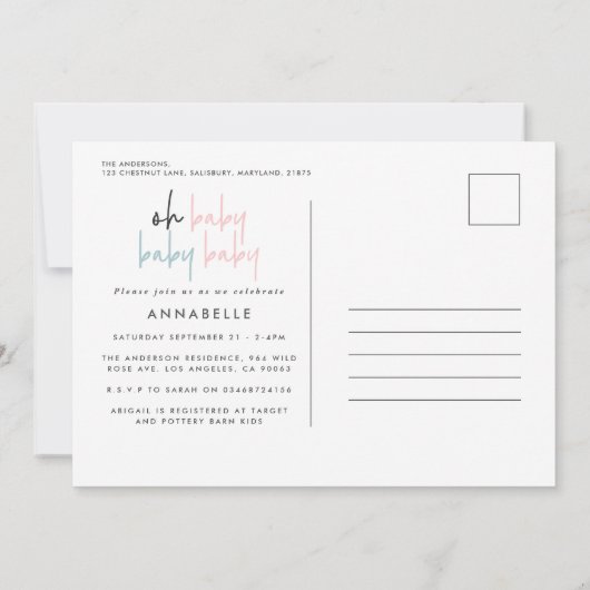 Triplet baby shower roze blauw moderne typografie kaart (Achterkant)