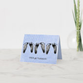 triplet baby voetafdrukken van blue gingham bedankkaart (Voorkant)