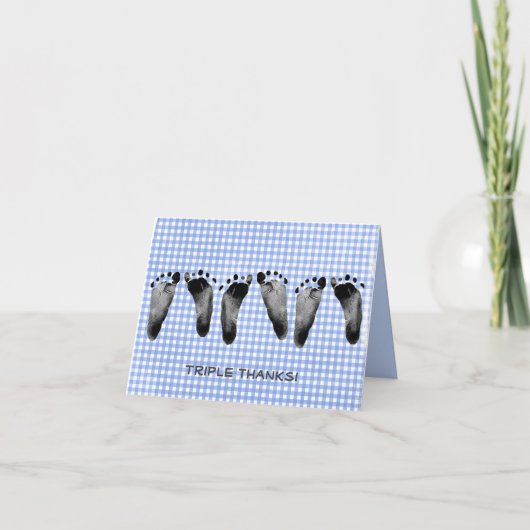 triplet baby voetafdrukken van blue gingham bedankkaart (Voorkant)