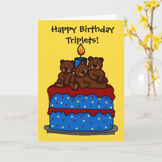 Triplet beren op verjaardagstaart kaart (Gele Bloem)