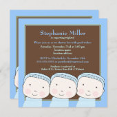 Triplet Boys Blue 3 Baby shower Invitation Kaart (Voorkant / Achterkant)