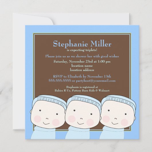 Triplet Boys Blue 3 Baby shower Invitation Kaart (Voorkant)