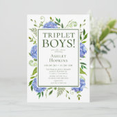 Triplet Boys Blue Hydrangeas Baby shower Kaart (Staand voorkant)