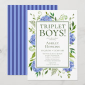 Triplet Boys Blue Hydrangeas Baby shower Kaart (Voorkant / Achterkant)