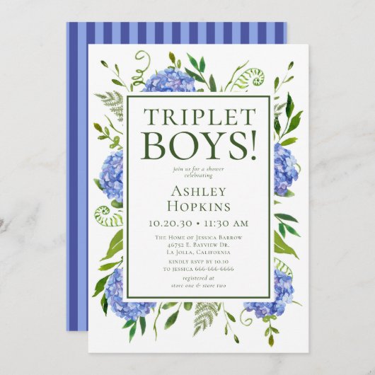 Triplet Boys Blue Hydrangeas Baby shower Kaart (Voorkant / Achterkant)