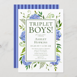 Triplet Boys Blue Hydrangeas Baby shower Kaart