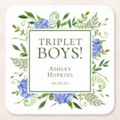 Triplet Boys Blue Hydrangeas Baby shower Kartonnen Onderzetters (Voorkant)