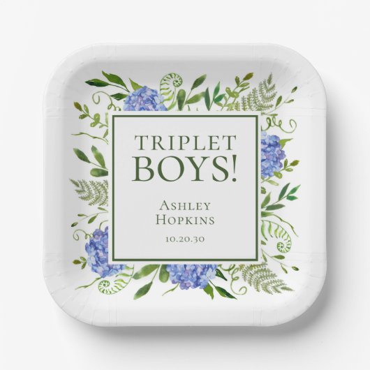 Triplet Boys Blue Hydrangeas Baby shower Papieren Bordje (Voorkant)