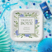 Triplet Boys Blue Hydrangeas Baby shower Papieren Bordje (Feest)