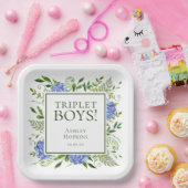 Triplet Boys Blue Hydrangeas Baby shower Papieren Bordje (Feest)