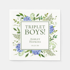 Triplet Boys Blue Hydrangeas Baby shower Servet