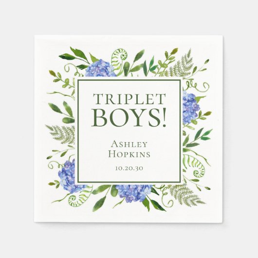 Triplet Boys Blue Hydrangeas Baby shower Servet (Voorkant)