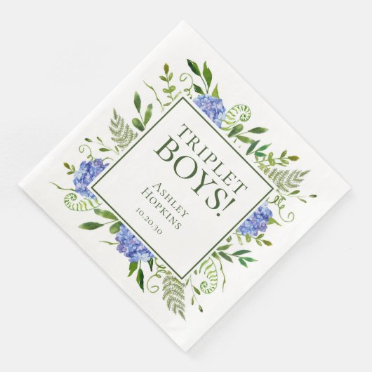 Triplet Boys Blue Hydrangeas Baby shower Servet (Hoek)