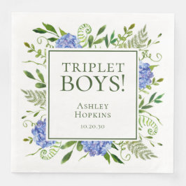 Triplet Boys Blue Hydrangeas Baby shower Servet