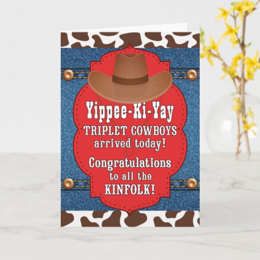 TRIPLET Cowboys Country Western New Baby Congrants Kaart (Gele Bloem)
