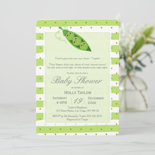 Triplet erwten in een uitnodiging tot het Baby sho (Staand voorkant)