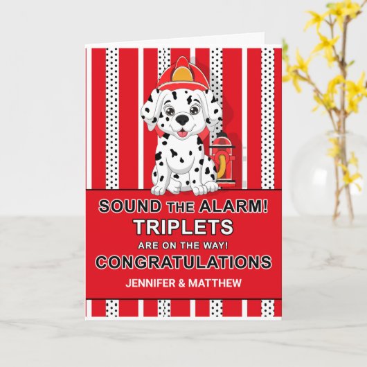 Triplet Gefeliciteerd Dalmatian Puppy Firehouse Kaart (Gele Bloem)
