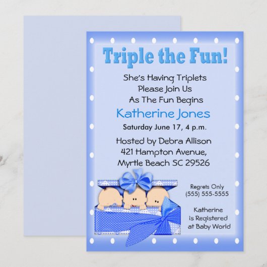 Triplet Jongens Baby Douche Uitnodigingen (Voorkant / Achterkant)