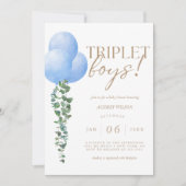 Triplet jongens blauwe ballon baby jongens douche kaart (Voorkant)