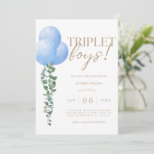Triplet jongens blauwe ballon baby jongens douche kaart (Staand voorkant)