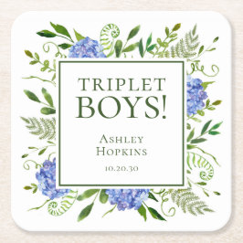 Triplet Jongens Blauwe Hortensia Baby Shower Kartonnen Onderzetters