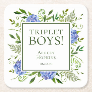 Triplet Jongens Blauwe Hortensia Baby Shower Kartonnen Onderzetters