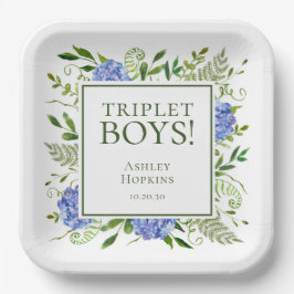 Triplet Jongens Blauwe Hortensia Baby Shower Papieren Bordje