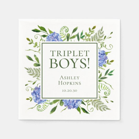 Triplet Jongens Blauwe Hortensia Baby Shower Servet (Voorkant)