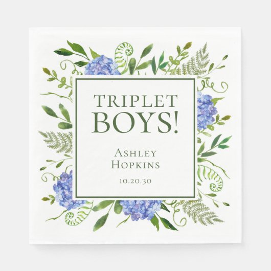 Triplet Jongens Blauwe Hortensia Baby Shower Servet (Voorkant)